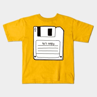 90's Nerd, Black and White - Retro Floppy Disc Outline Drawing Kids T-Shirt